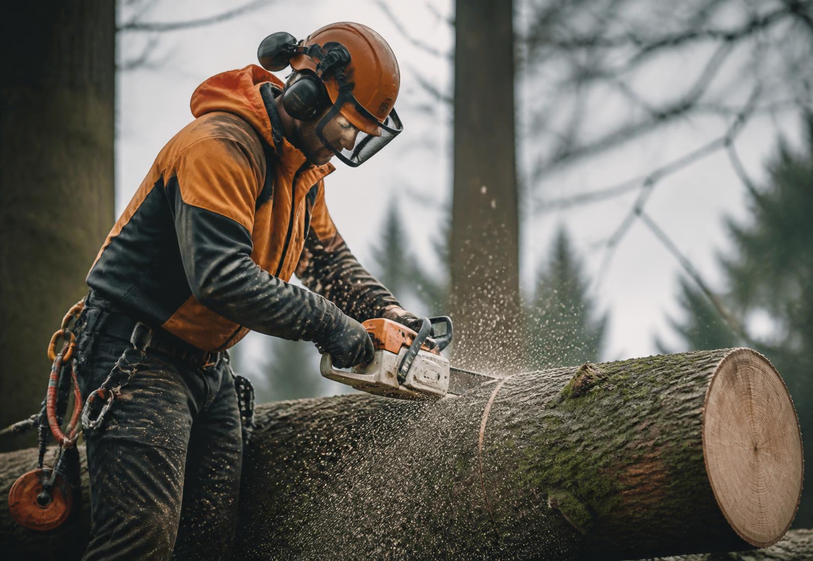 Arborist in safety gear cutting a felled tree with a chainsaw